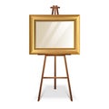 Realistic vector illustration wooden easel with mock up empty Blank golden frame square canvas. Isolated on white background Royalty Free Stock Photo