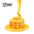 3d realistic vector isolated liquid honey flows on honeycomb slice in honey puddle