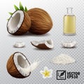 3d realistic vector set of elements whole coconut, half coconut, coconut chips, splash coconut milk or oil, coconut chips,