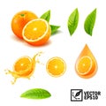 3d realistic vector set of elements whole orange, sliced orange, splash orange juice, drop orange oil, leaves Royalty Free Stock Photo