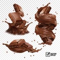 3D realistic vector set, horizontal and vertical splash of chocolate, cocoa or coffee, pieces of chocolate bar, swirl and drop