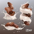 3D realistic vector set,splash of chocolate pieces in a spray of milk or yogurt, cocoa or coffee, swirl and drop Royalty Free Stock Photo