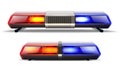 Realistic vector set of two police car top lights in red and blue. Isolated on white background