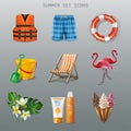 3d realistic vector summer icons isolated on gray Royalty Free Stock Photo