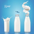 3d realistic vector transparent bottle and glass with splashes of milk or yogurt Royalty Free Stock Photo