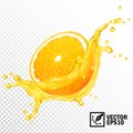 3d realistic vector transparent splash sliced orange juice. Editable handmade mesh