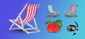 3d realistic vector vacation icon set beach sunbed in three different colours. Summertime relax. Deck chair or Beach Royalty Free Stock Photo