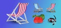 3d realistic vector vacation icon set beach sunbed in three different colours. Summertime relax. Deck chair or Beach chaise longue Royalty Free Stock Photo