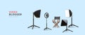 3d realistic video blogger concept banner. Place for work with floodlight, chair and phone on tripod with light bulb and spotlight