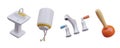 3d realistic washstand, boiler, faucet and plunger. Collection of equipment for water