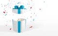 3D realistic white open gift box with blue bow. Paper box with ribbon, shadow and confetti isolated on white background. Vector Royalty Free Stock Photo