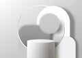 3D realistic white podium stand with rounded geometric, circle glass transparency backdrop