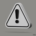 3d Realistic white triangle warning sign isolated on gray background. Hazard warning attention sign with exclamation mark symbol. Royalty Free Stock Photo