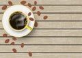 3d realistic yellow and white coffee cup with saucer and coffee beans on brown vintage wooden table vector illustration Royalty Free Stock Photo