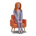 3d realistic young female in office clothes sitting on armchair and resting