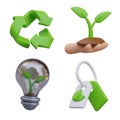 3D recycling sign, hand holding plant, light bulb with sprout inside, eco tag Royalty Free Stock Photo