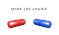 3D Red and blue capsule drugs. Medical tablets in matrix style. Make a choice Royalty Free Stock Photo