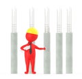 3d red character holding plans and wearing safety cap standing near to civil construction site