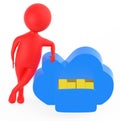 3d red character presenting a opened drawer in a cloud containing arranged stack of folders - cloud storage