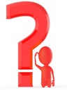 3d red character scraching his head while siting near to a large question mark , confused , uncertain & thinking