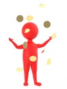 3d red character standing and raising both hands when golden coin,s falls