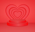 3d red cylinder podium minimal studio heart wall background. Abstract 3d geometric