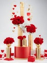 3D Red floral Valentine stage display with gold cylinder podium gift boxes.