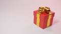 3d red gift box with gold ribbon bow. 3d render holiday surprise box. Realistic icon for present, birthday or wedding banners.