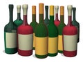 3D red and green wine bottles with yellow labels Royalty Free Stock Photo