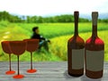 3D red and green wine bottles with yellow labels Royalty Free Stock Photo