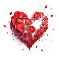 3D red heart on white background made of rose petal shaped particles - white background