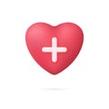 3D Red heart with white plus sign icon. Heart pulse. Single heartbeat, cardiogram. Medical healthcare concept