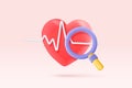 3d red heart with white pulse line with magnifier monitor. heartbeat or cardiogram for healthy lifestyle, pulse beat measure,