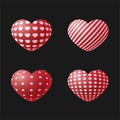 3d hearts set. Red textured realistic objects. Vector illustration. Striped, dotted heart