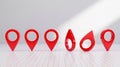 3D red location markers aligned horizontally, white-gray checkered background Royalty Free Stock Photo