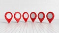 3D red location markers aligned horizontally, white-gray checkered background Royalty Free Stock Photo