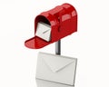 3d Red mail box with heap of letters.