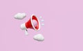 3d red megaphone or cartoon hand speaker with cloud  on pink background. promotion news for social media networks, online Royalty Free Stock Photo