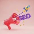 3D Red Megaphone with Yellow Rocket and Purple SEO Text on Pink Background search engine optimization Royalty Free Stock Photo