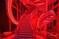 3d red neon spiral staircase leading up into a shimmering neon tunnel, with different neon shapes and figures scattered
