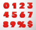 3D red numbers  percent  dollar sign set. Volumetric digits from zero to nine Royalty Free Stock Photo