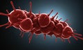 3D red virus-like structure with numerous spikes protruding from its surface, set against dark background. Royalty Free Stock Photo