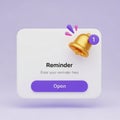 3D Reminder Notification Pop-up with Bell Icon and Open Button alert message Royalty Free Stock Photo