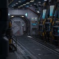 3D-illustration of a large corridor in a science fiction starship