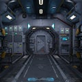 3D-illustration of a large corridor in a science fiction starship