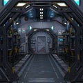 3D-illustration of a large corridor in a science fiction starship