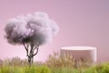 3d render Abstact stage podium background, Round podium on the meadow grass with cloud tree of the dream backdrop pink sky for