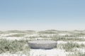 3d render Abstact stage podium background, Round podium on snow field and meadow grass backdrop sky for product display, mock up