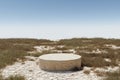3d render Abstact stage podium background, stone podium on the cracked dry ground and dry grass field with blue sky for product