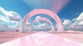 3d render Abstract aesthetic background. Surreal fantasy landscape. Water, pink desert, neon linear arch and chrome